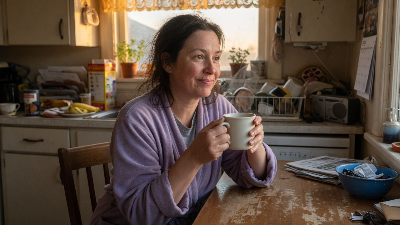 A woman sitting peacefully with a cup of coffee in the morning light