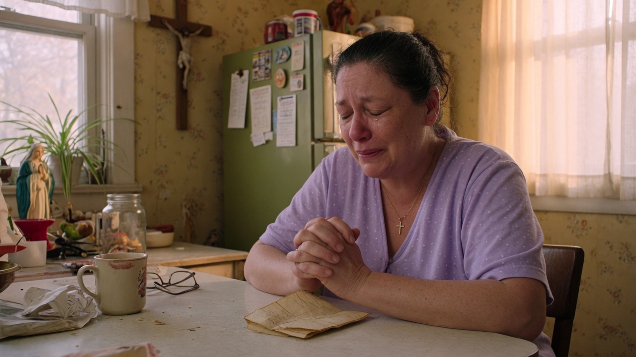 A woman praying at her kitchen table while holding an old folded sheet of paper